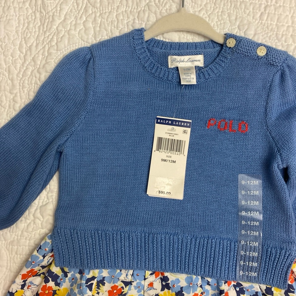 NWT Polo Ralph Lauren Blue Sweater Dress with Floral Skirt 9 months